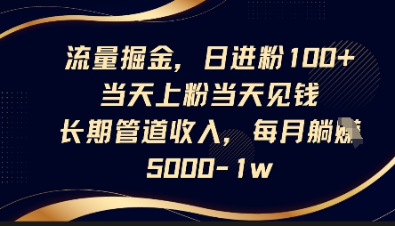 流量掘金,日进粉100+,当天上粉当天见钱,长期管道收入,每月躺挣5k-任性资源网